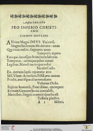 Pro Imperio Christiano. Carmen seculare