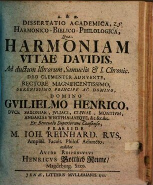 Diss. ... qua harmoniam vitae Davidis ad ductum librorum Samuelis et I. Chronic. ... exhibet