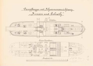 Dampfbagger mit Schwemmvorrichtung »Simson und Goliath«: Grundriss, Schnitte 1:100
