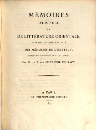 Mémoires d'histoire et de littérature orientale