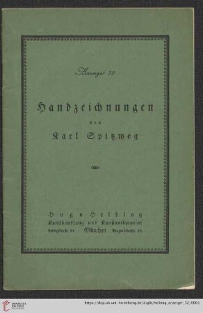 Nr. 32: Anzeiger: Kupferstiche, Radierungen, Holzschnitte, Lithographien, etc.: Handzeichnungen von Karl Spitzweg