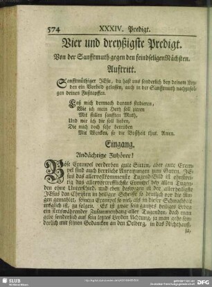 Vier und dreyßigste Predigt. Von dem Sanfftmuth gegen den feindseligen Nächsten