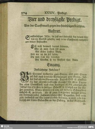 Vier und dreyßigste Predigt. Von dem Sanfftmuth gegen den feindseligen Nächsten