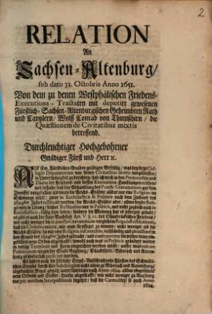 Relation An Sachsen-Altenburg, sub dato 31. Octobris Anno 1651.