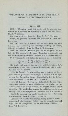 Onderwerpen, behandeld op de wetenschappelijke wintervergaderingen.