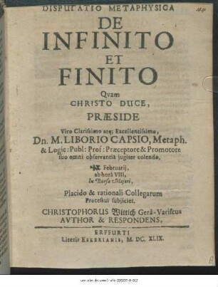 Disputatio Metaphysica De Infinito Et Finito