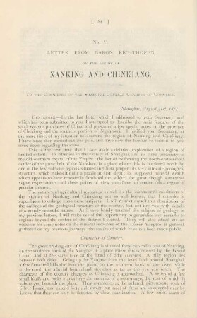 No. V. Letter from Baron Richthofen on the region of Nanking and Chinkiang