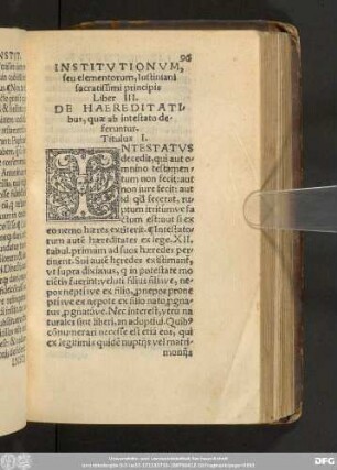 Institutionum, seu elementorum, Iustiniani sacratissimi principis Liber III.