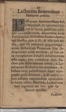 Ad Lectorem Benevolum Bibliopolae praefatio