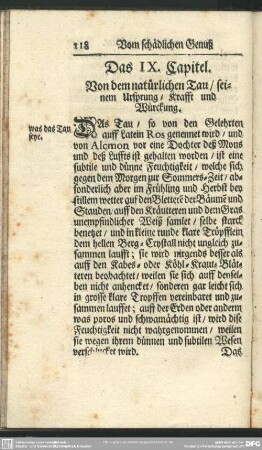 Das IX. Capitel. Von dem natürlichen Tau, seinem Ursprung, Krafft und Würckung