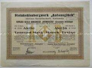 Deutsch-polnische Aktie des Steinkohlenbergwerks "Antonsglück" über 1000 Mark mit Erneuerungsschein und Gewinnanteilscheinen