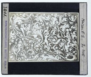 Meister E. S., Mädchen in Blattranken im Kampf um Hosen (L. 308) (Stich) : Stich
