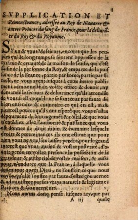 Svpplication Et Remonstrance, Adressee au Roy de Nauarre, & autres Princes du sang de France, pour la deliurance du Roy & du Royaume