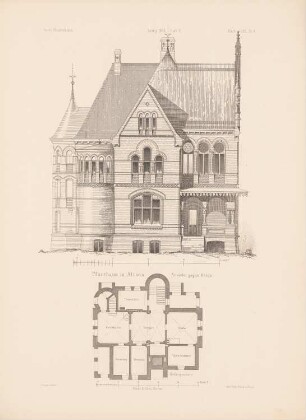 Pfarrhaus, Hamburg-Altona: Grundriss Keller, Ansicht von Osten (aus: Architektonisches Skizzenbuch, H. 140/5, 1876)