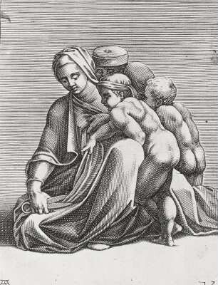 Sitzende Frau mit Kindern und Mann