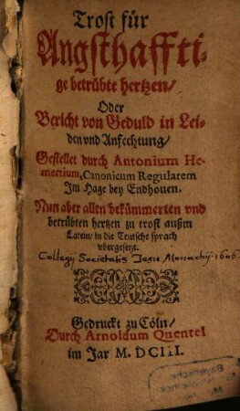Trost für angsthafftige betrübte Hertzen