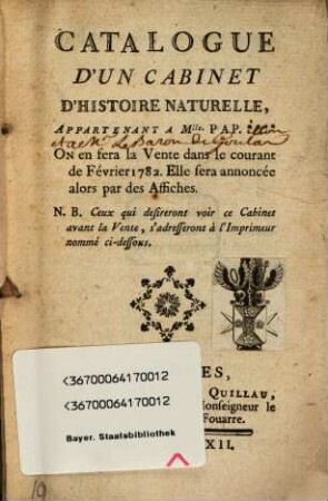 Catalogue d'un Cabinet d'histoire naturelle appartenant á Mslle. Pap ...