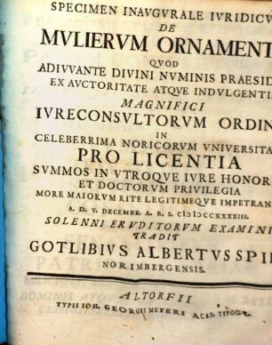 Specimen inaug. iur. De mulierum ornamentis