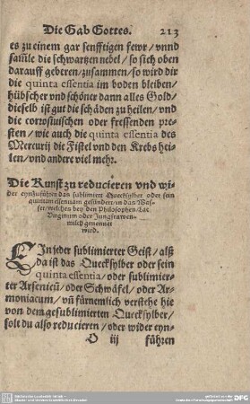 Die Kunst zu reducieren und wider eynzuführen das sublimiert Quecksilber oder sein quintam essentiam gesünderr/ in das Wasser/ welches bey den Philosophen/ Lac Virginum oder Jungfrawenmilch genennet wird.
