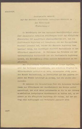 Italienische Antwort auf das deutsche Memorandum bzgl. eines Eintritts in den Völkerbund