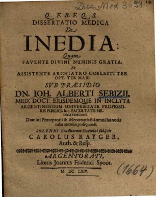 Dissertatio Medica De Inedia