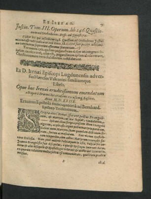 Ex D. Irenaei Episcopi Lugdunensis adversus Haeresis Valentini similiumque Libris.