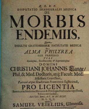 Disp. inaug. med. de morbis endemiis