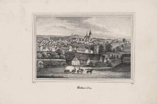 Stadtansicht von Mittweida in Mittelsachsen mit der Stadtkirche „Unser lieben Frauen“ auf dem Kirchberg, aus der Zeitschrift Saxonia 3. Band 1837