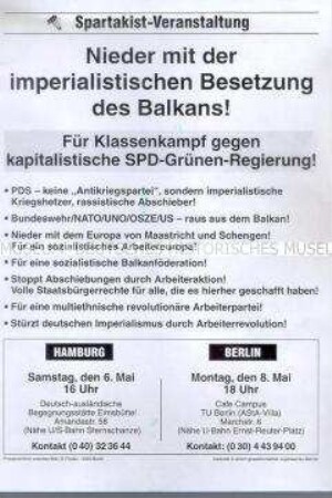 Propagandaflugblatt der Spartakist-Arbeiterpartei gegen den NATO-Einsatz auf dem Balkan
