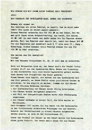 Flugschrift: Wie können Sie mit Ihrem alten Fahrrad Geld verdienen? oder: Das Comeback der Spekulanten Marx, Mewes und Oldenburg 1982