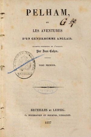 Pelham, ou Les aventures d'un gentilhomme anglais, 1