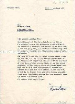 Handsignierter Brief von Bundespräsident Theodor Heuss mit der Absage eines Aufsatzes über Freiherr von Ketteler