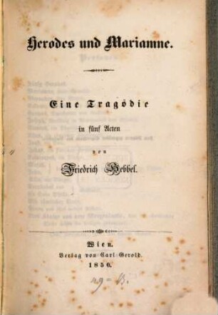 Herodes und Mariamne : eine Tragödie in 5 Acten