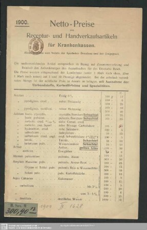 Netto-Preise von Receptur- und Handverkaufsartikeln für Krankenkassen : 1900