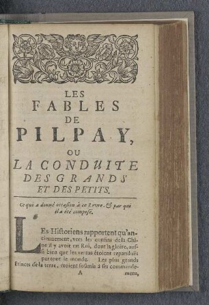 Les fables de pilpay, ou la conduite des grands et des petits.