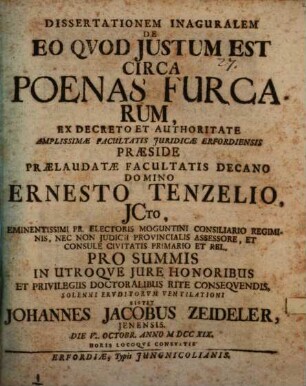 Dissertationem Inaguralem De Eo Qvod Justum Est Circa Poenas Furcarum