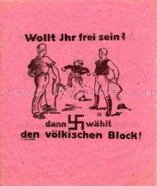 Illustriertes Flugblatt mit antisemitischer Karikatur und der Aufforderung zur Wahl des "Völkischen Blocks"