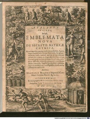 ATALANTA FVGIENS, hoc est, EMBLEMATA NOVA DE SECRETIS NATURAE CHYMICA : Accommodata partim oculis & intellectui, figuris cupro incisis, adiectisque sententiis, Epigrammatis & notis, partim auribus & recreationi animi plus minus 50 Fugis Musicalibus trium Vocum, quarum duae ad unam simplicem melodiam distichis canendis peraptam, correspondeant, non absq[ue] singulari iucunditate videnda, legenda, meditanda,, intelligenda, diiudicanda, canenda & audienda