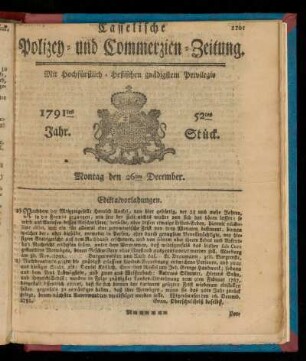 52tes Stueck, Montag den 26ten December. 1791