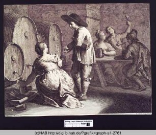 Eine Frau beim Auffüllen eines Kruges aus einem Holzfass, mit einem Stehenden ins Gespräch vertieft und zwei weitere Männer und eine Frau trinkend und Pfeife rauchend an einem Tisch sitzend.