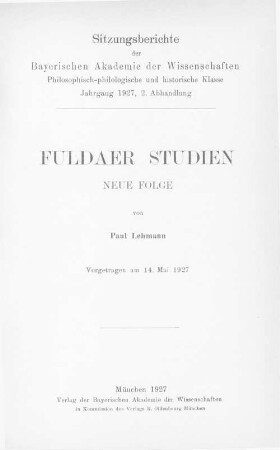 Fuldaer Studien. [2], Neue Folge