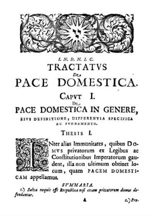 Capvt I. De Pace Domestica In Genere, Eivs Definitione, Differentia Specifica Ac Fvndamento.