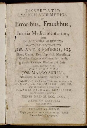Dissertatio Inauguralis Medica de Erroribus, Fraudibus, ac Inertia Medicamentorum