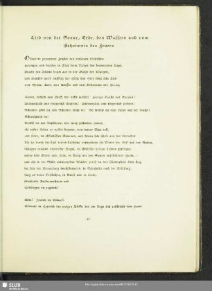 Lied von der Sonne, Erde, den Wassern und vom Geheimnis des Feuers