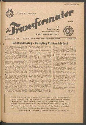 TRO-Betriebszeitung 'Der Transformator'; Nr. 32/1954 (September 1954)