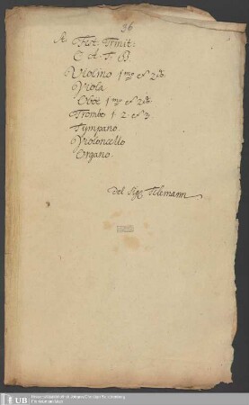 Ms. Ff. Mus. 1074 - St: Fest: Trinit: : C. A. T. B., violino 1mo et 2do:, viola, oboe 1mo et 2do:, trombo 1. 2. et 3., tympano, violoncello, organo
