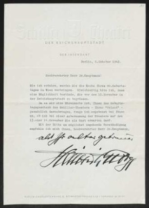 Brief von Heinrich George von Schiller-Theater  an Gerhart Hauptmann
