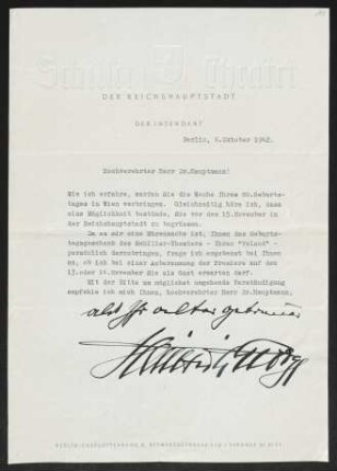 Brief von Heinrich George von Schiller-Theater <Berlin> an Gerhart Hauptmann