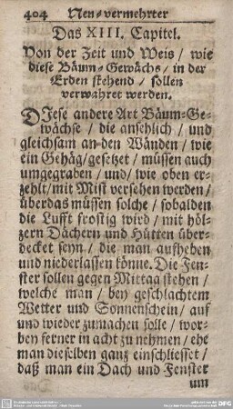 Das XIII. Capitel. Von der Zeit und Weis/wie diese Bäum-Gewächs/in der Erden stehend/sollen verwahret werden.