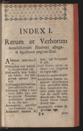 Index I. Rerum et Verborum notabiliorum Numeri allegati significant paginas libri